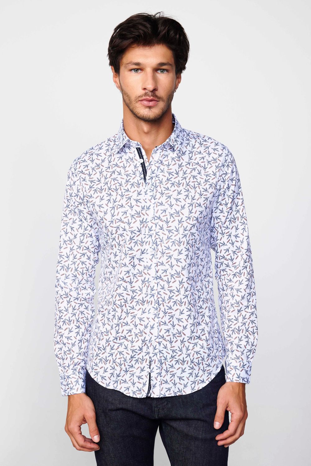 Slim Fit Dar Kesim Baskılı Oxford Doku Beyaz Erkek Gömlek