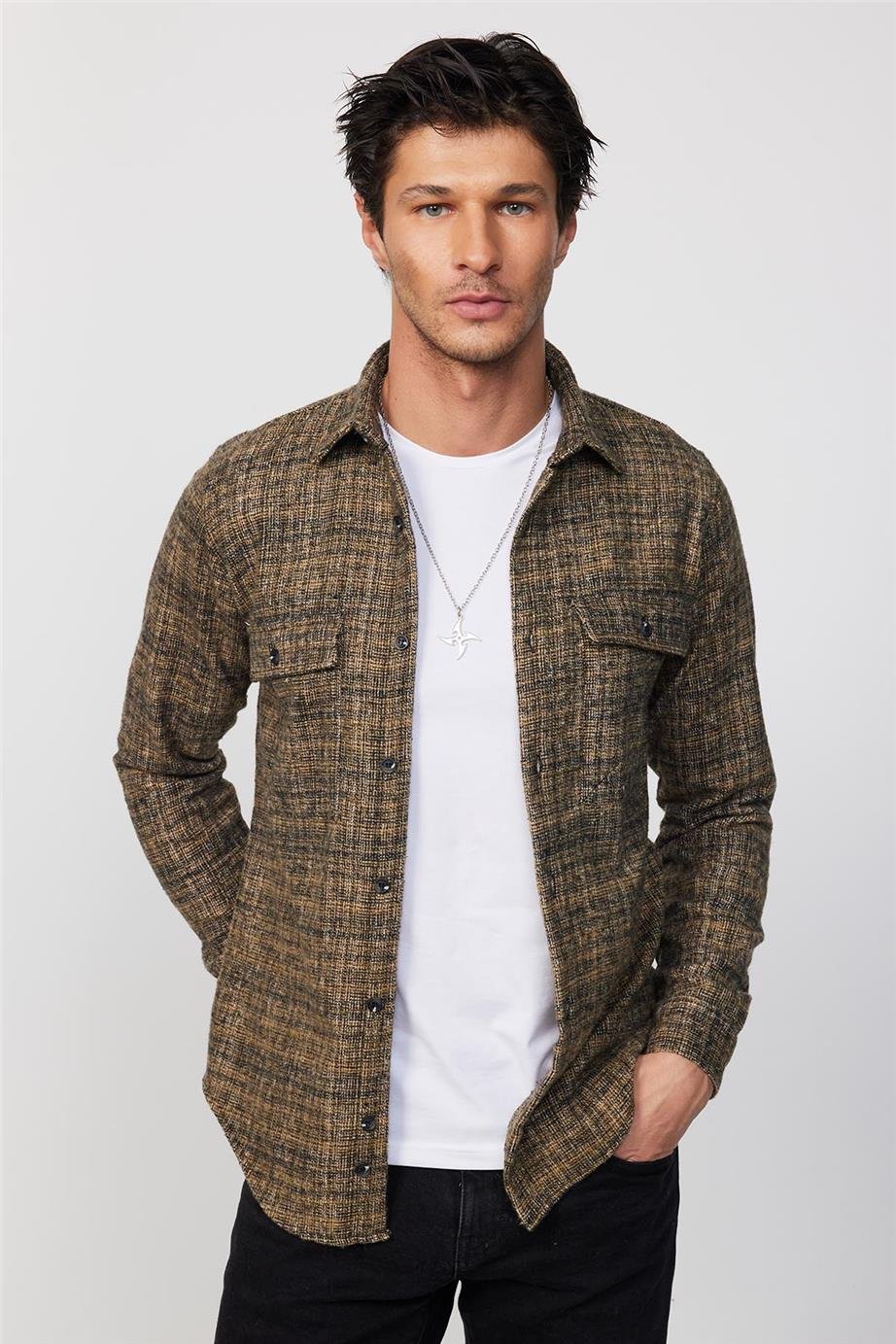 Slim Fit Dar Kesim Çift Cepli Oduncu Erkek Gömlek