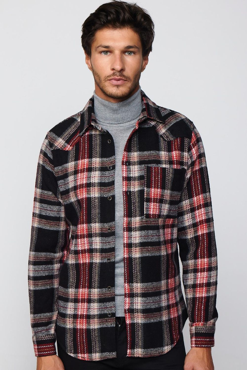 Slim Fit Dar Kesim Tek Cep Kareli Oduncu Erkek Gömlek