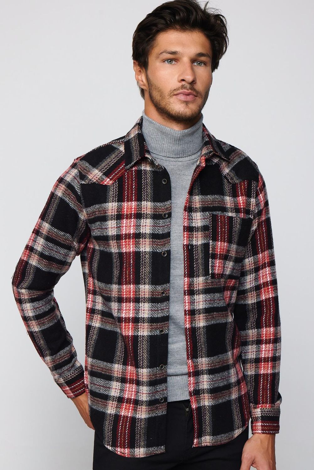 Slim Fit Dar Kesim Tek Cep Kareli Oduncu Erkek Gömlek