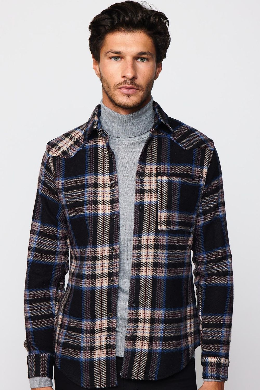 Slim Fit Dar Kesim Tek Cep Kareli Oduncu Erkek Gömlek