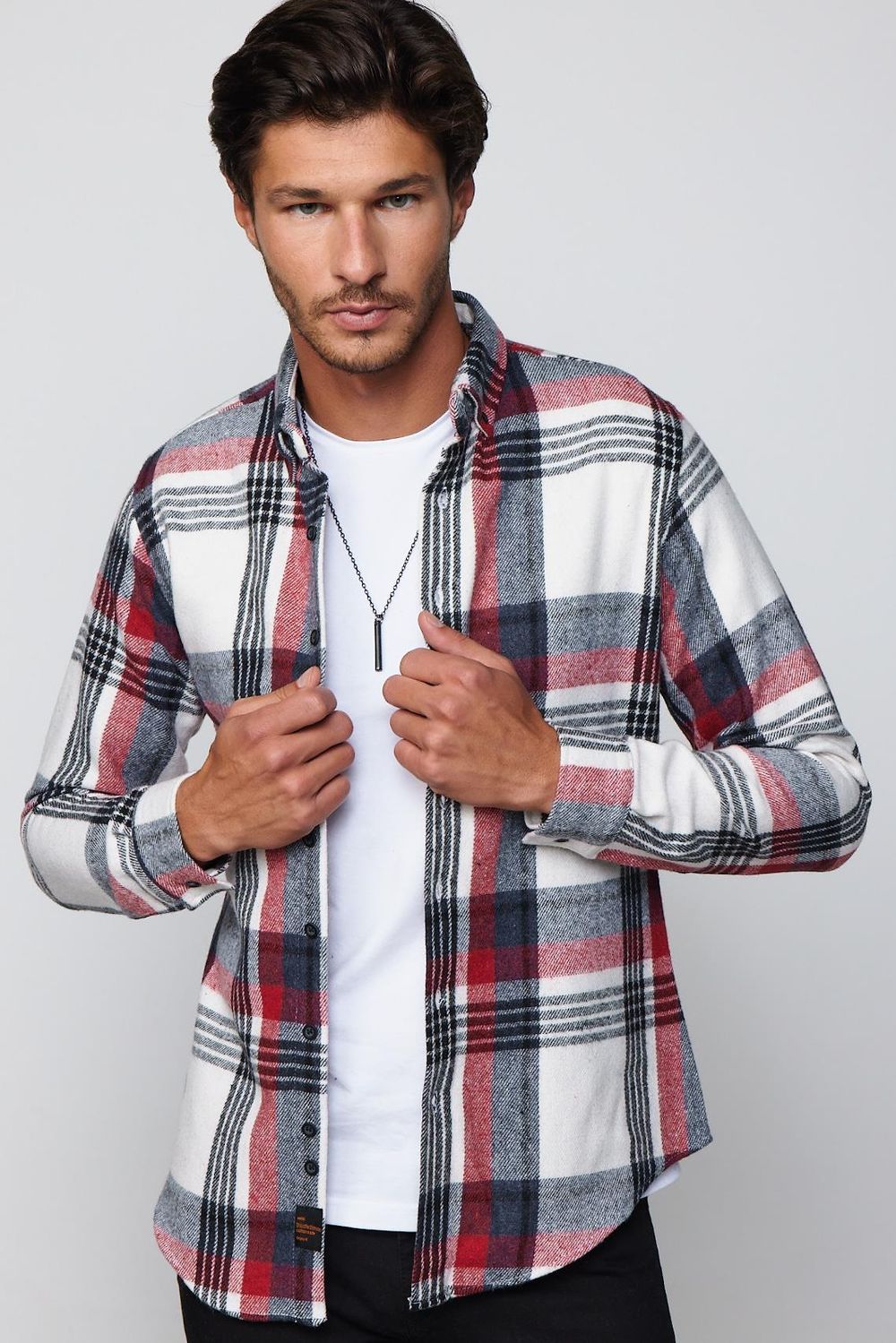 Slim Fit Dar Kesim Düğmeli Yaka Kareli Oduncu Erkek Gömlek