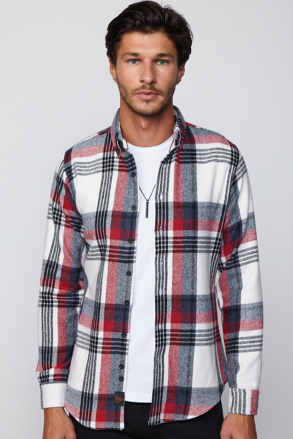 Slim Fit Dar Kesim Düğmeli Yaka Kareli Oduncu Erkek Gömlek