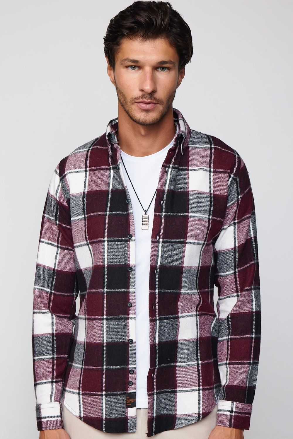 Slim Fit Dar Kesim Düğmeli Yaka Kareli Oduncu Erkek Gömlek