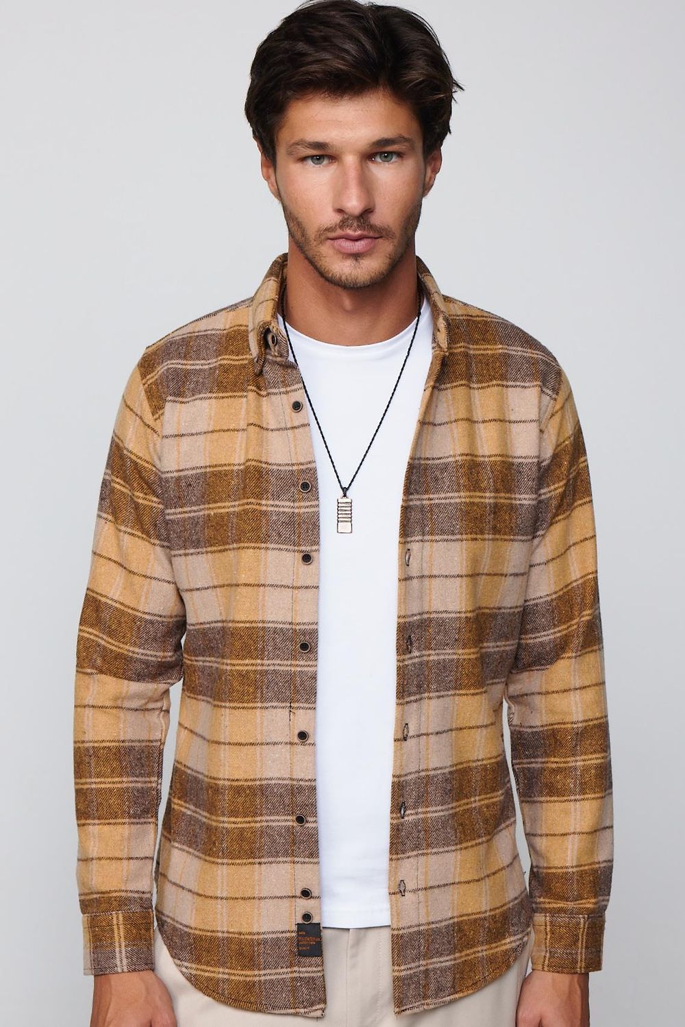 Slim Fit Dar Kesim Düğmeli Yaka Kareli Oduncu Erkek Gömlek