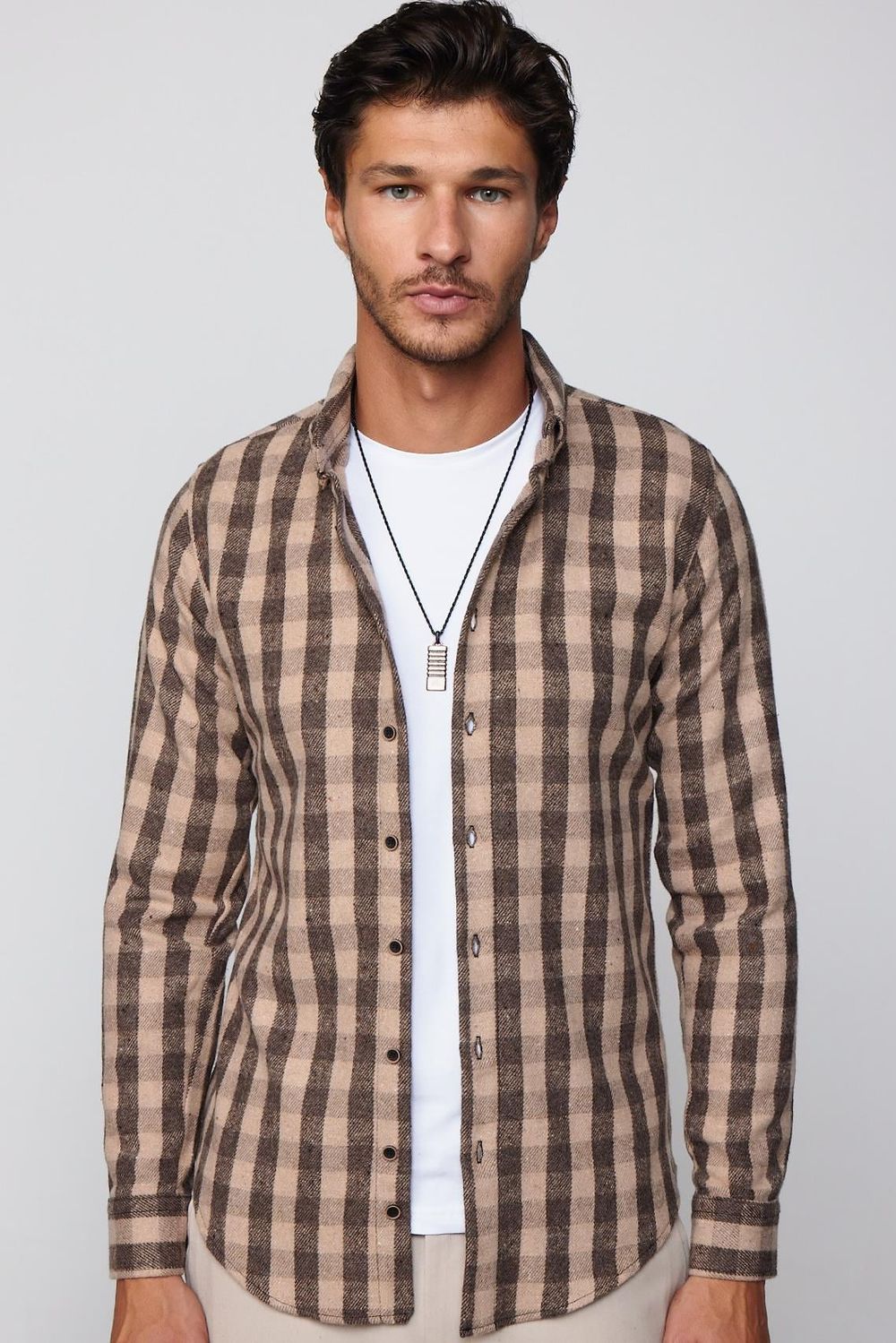 Slim Fit Dar Kesim Düğmeli Yaka Kareli Oduncu Erkek Gömlek