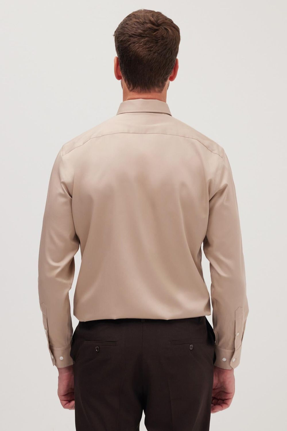 Slim Fit Bej Non-Iron %100 Pamuk Doğa Dostu Ekoteks Belgeli Ütü Gerektirmez Gömlek