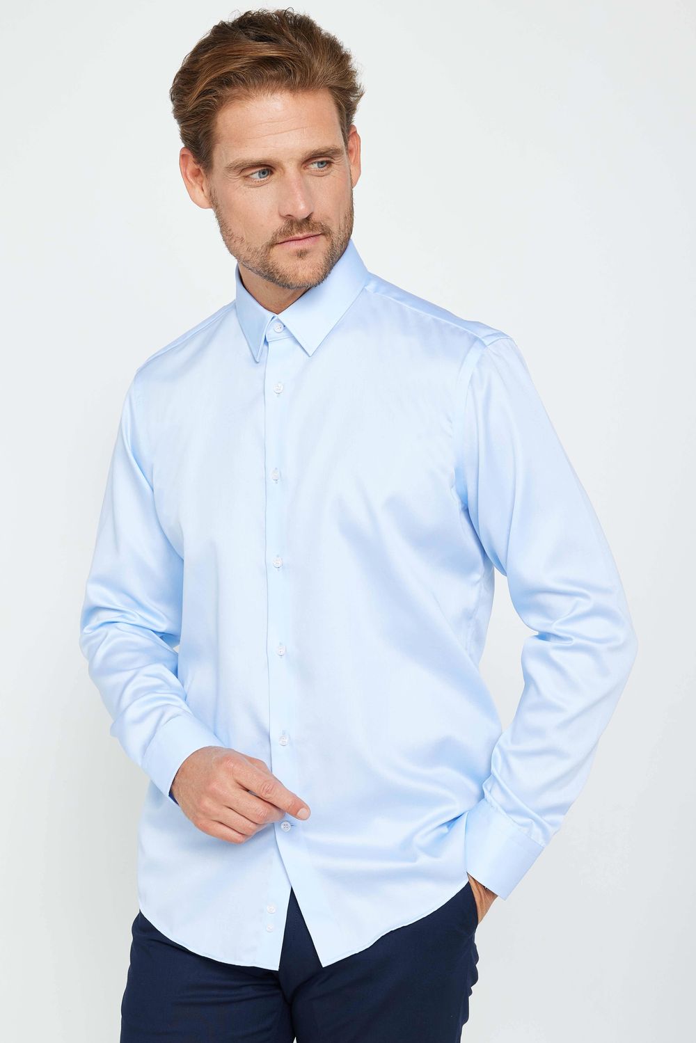 Slim Fit Uzun Kollu Non Iron Mavi Erkek Gömlek