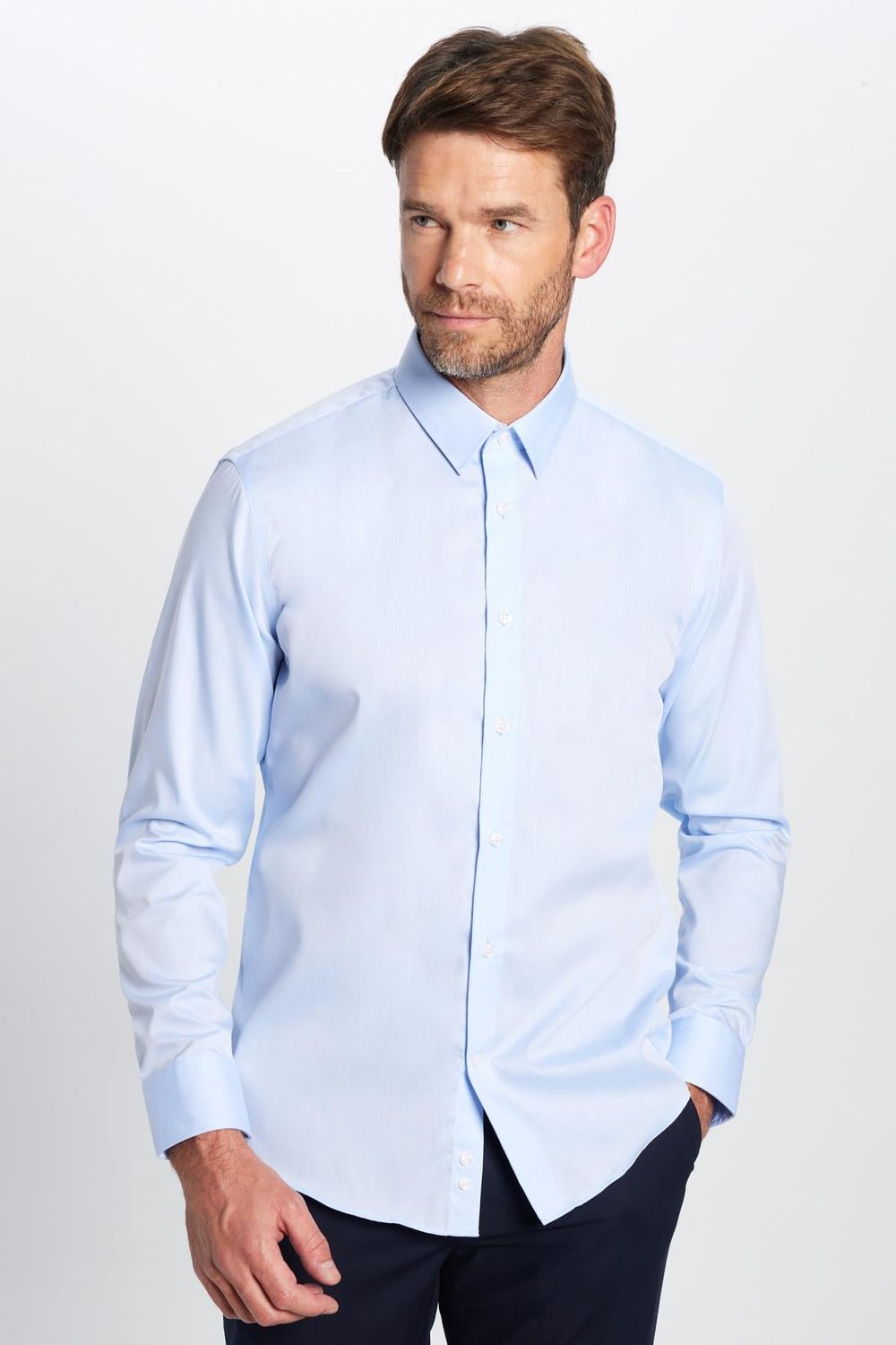 Erkek Slim Fit Dar Kesim Uzun Kollu %100 Pamuk Ütü Gerektirmez Non Iron Mavi Gömlek
