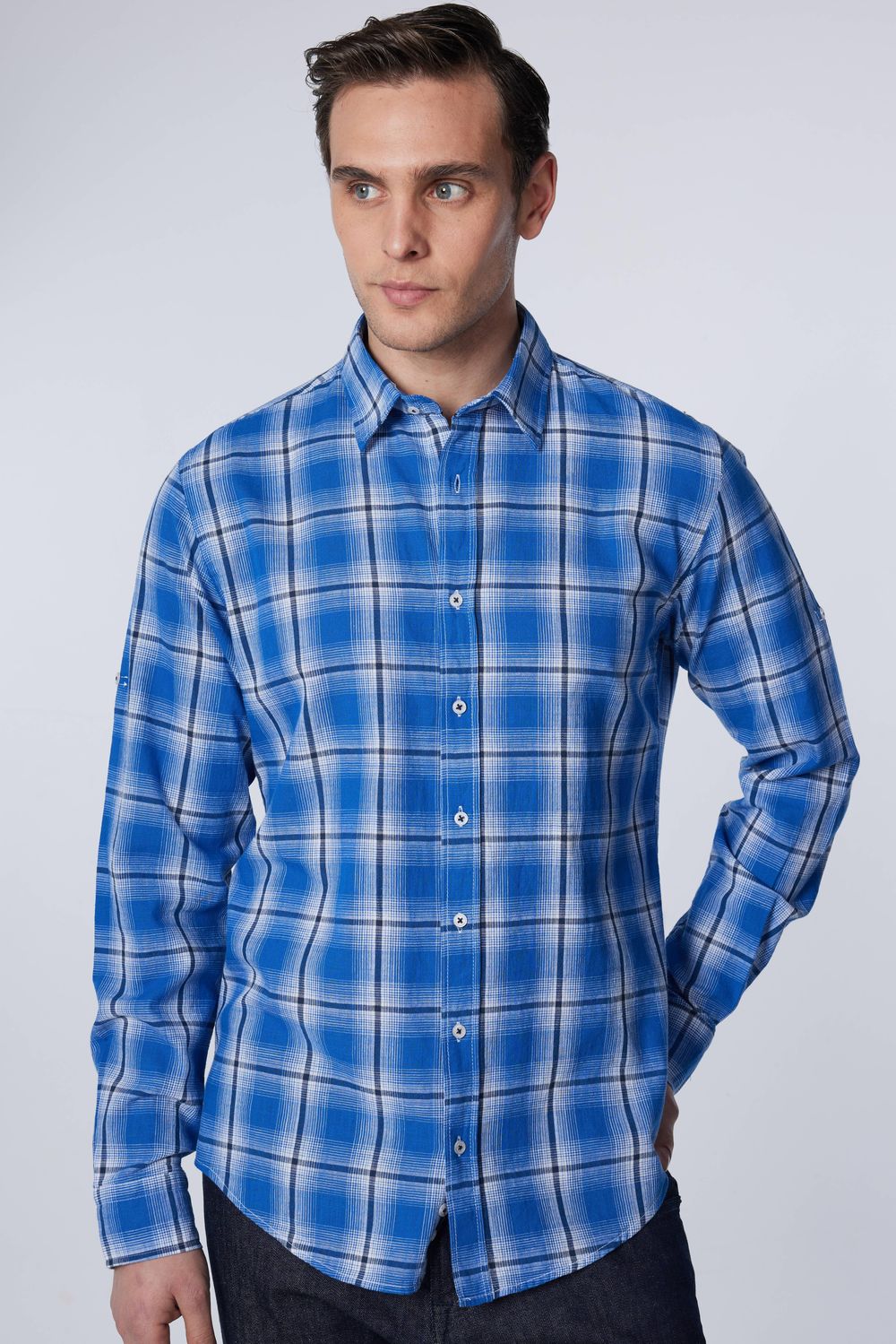 Slim Fit Dar Kalıp Kareli Keten Efekt Yazlık Erkek Gömlek