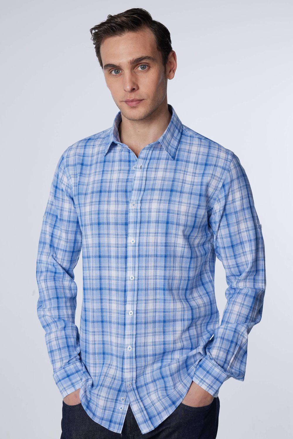 Slim Fit Dar Kesim Kareli Keten Efekt Yazlık Erkek Gömlek