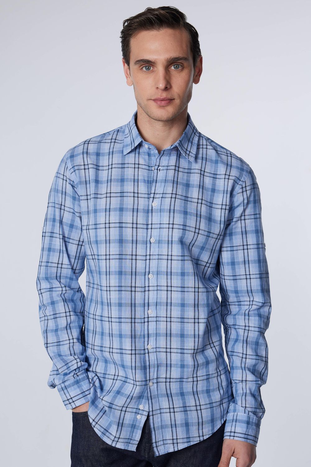 Slim Fit Dar Kalıp Kareli Keten Efekt Yazlık Erkek Gömlek