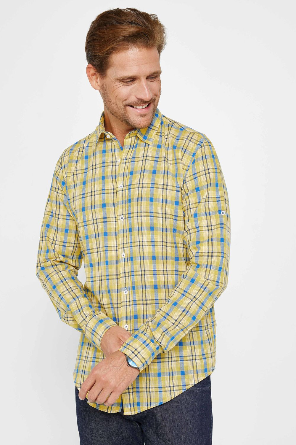 Erkek Slim Fit Uzun Kollu Dar Kesim Kareli Keten Doku Yazlık Gömlek