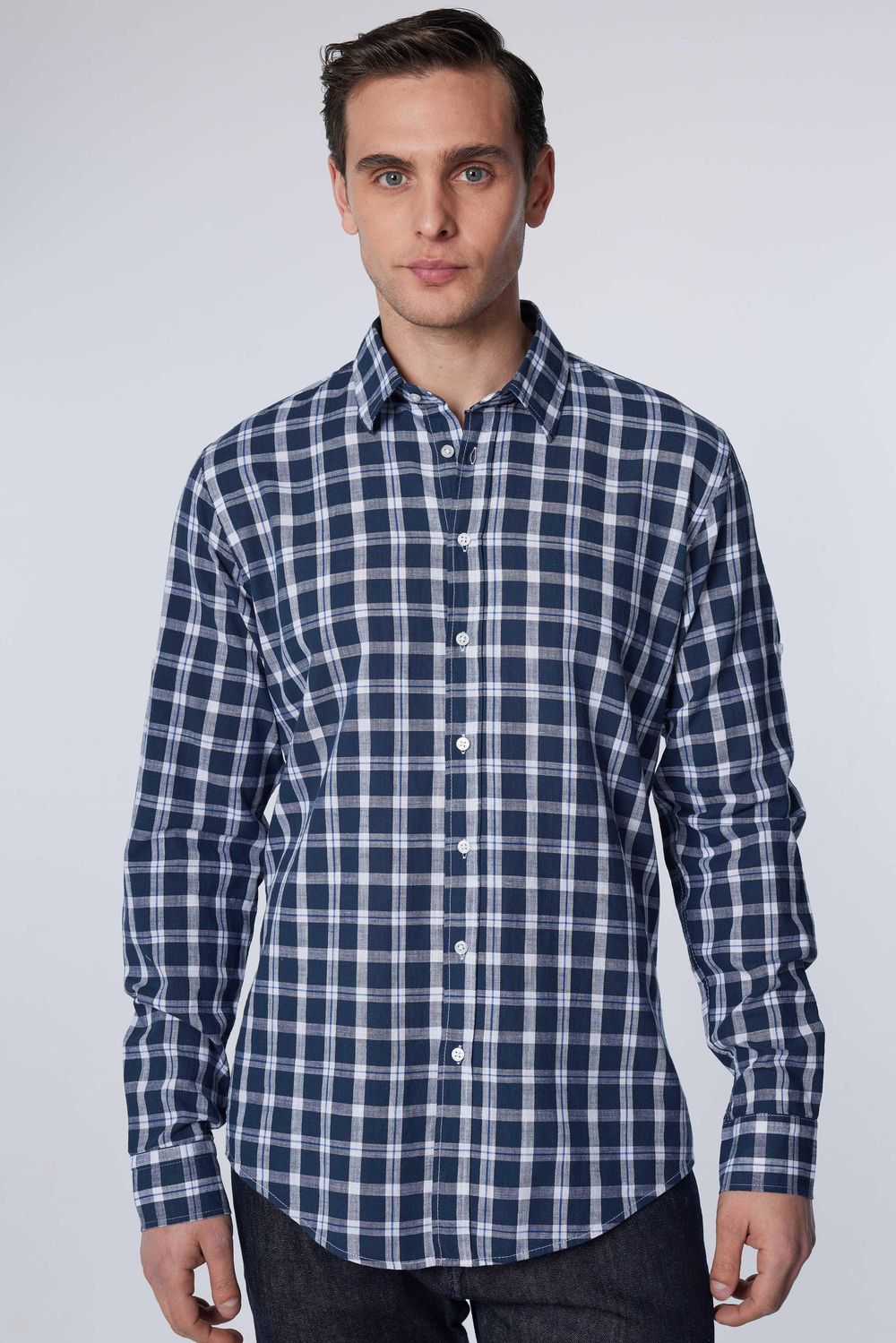 Slim Fit Dar Kesim Kareli Keten Efekt Yazlık Erkek Gömlek
