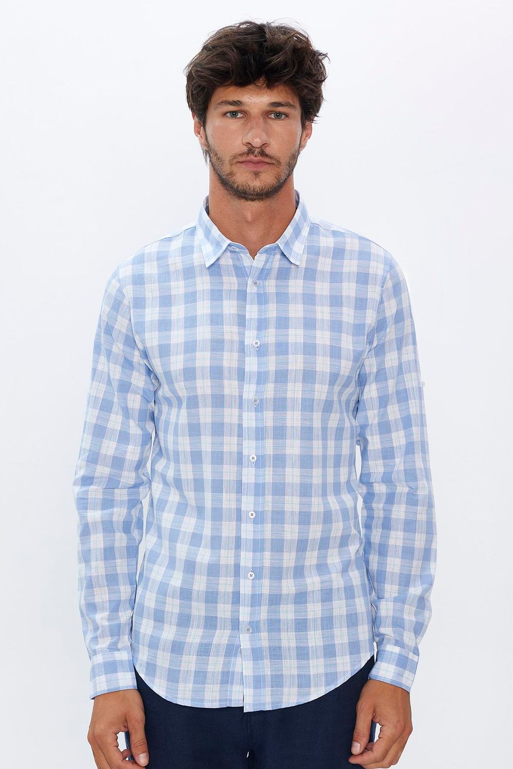 Erkek Slim Fit Dar Kesim Uzun Kollu %100 Pamuk Keten Doku Kareli Gömlek