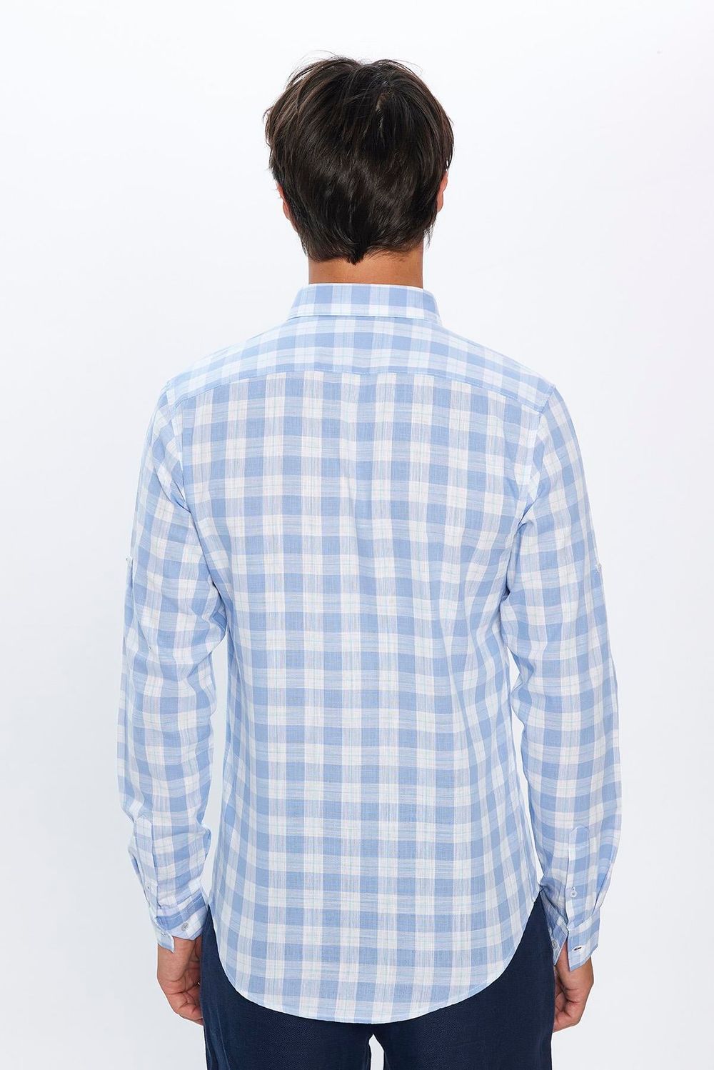 Erkek Slim Fit Dar Kesim Uzun Kollu %100 Pamuk Keten Doku Kareli Gömlek