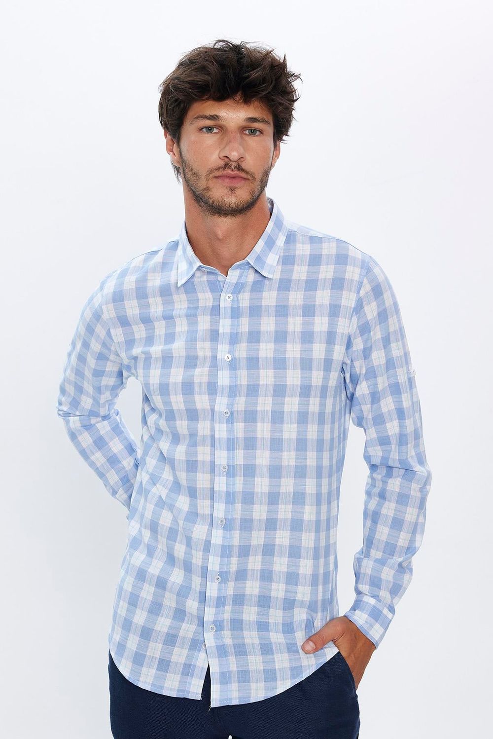 Erkek Slim Fit Dar Kesim Uzun Kollu %100 Pamuk Keten Doku Kareli Gömlek