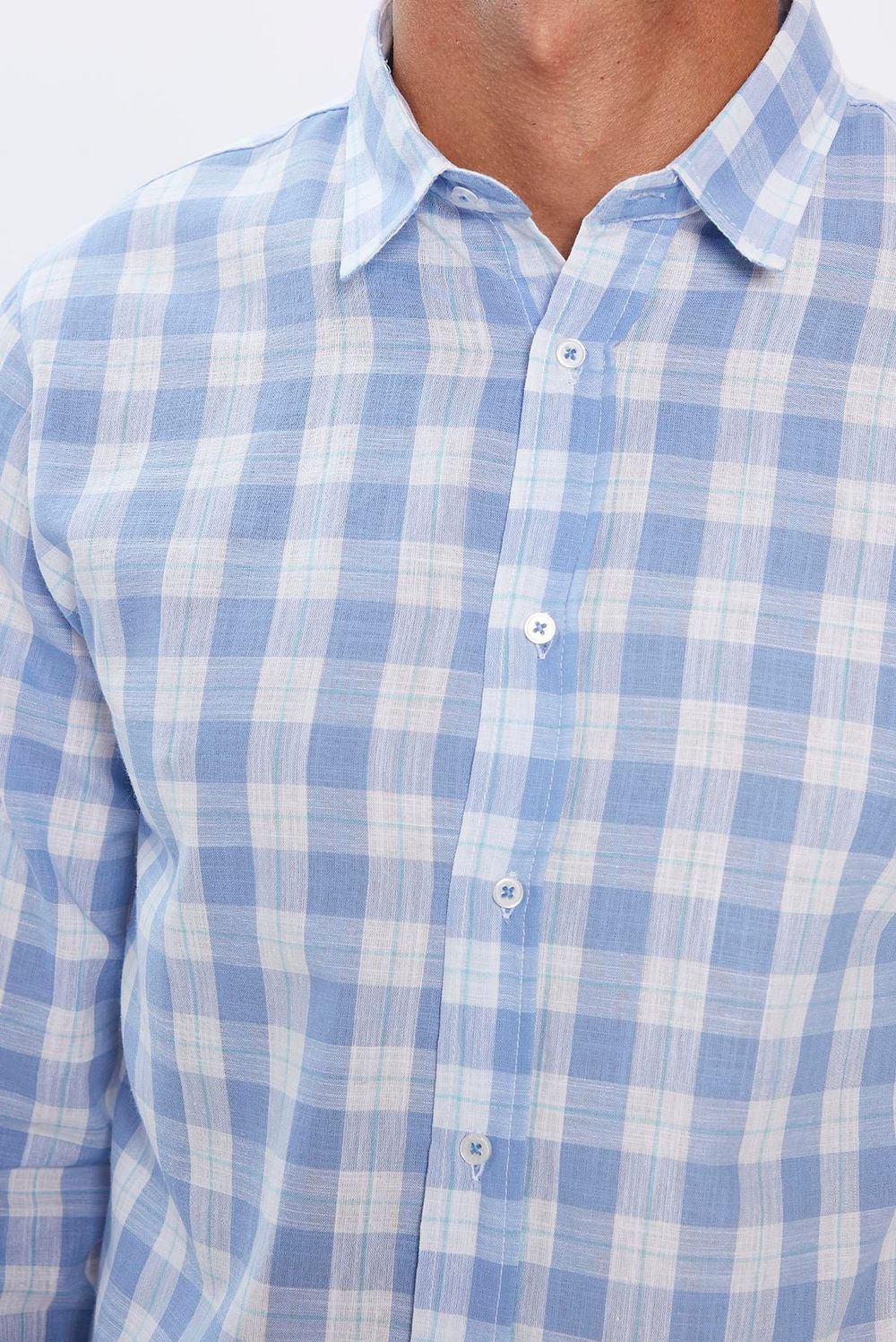 Erkek Slim Fit Dar Kesim Uzun Kollu %100 Pamuk Keten Doku Kareli Gömlek