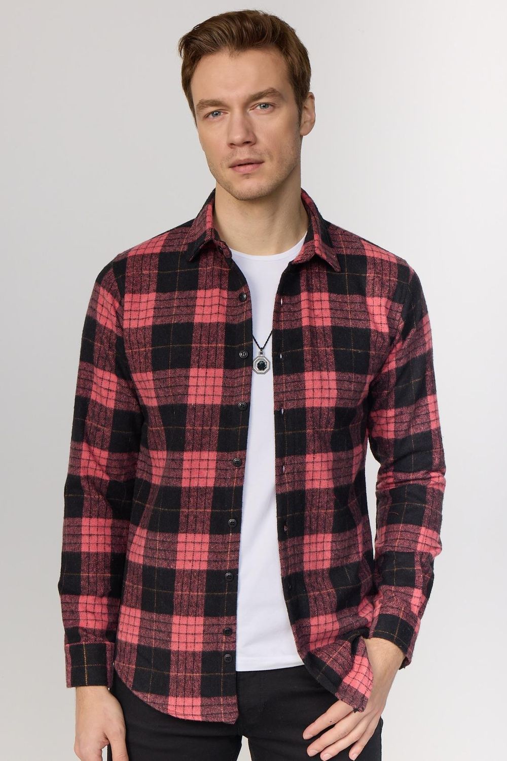 Slim Fit Dar Kesim Kareli Oduncu Siyah-Kiremit Erkek Gömlek