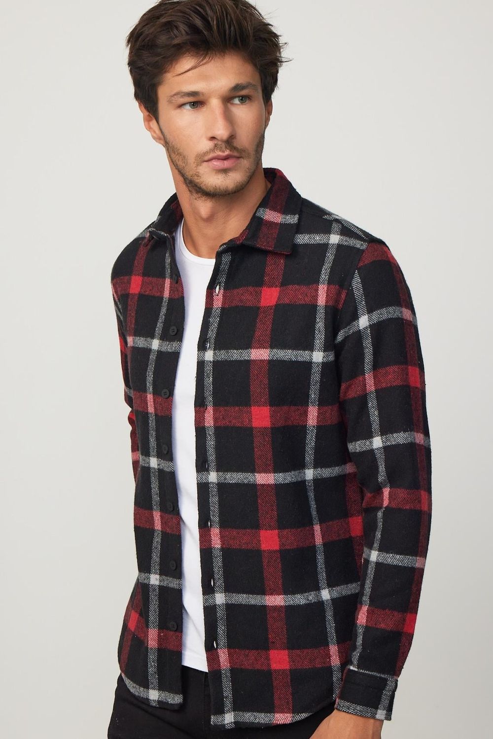 Slim Fit Dar Kesim Kareli Oduncu Erkek Gömlek