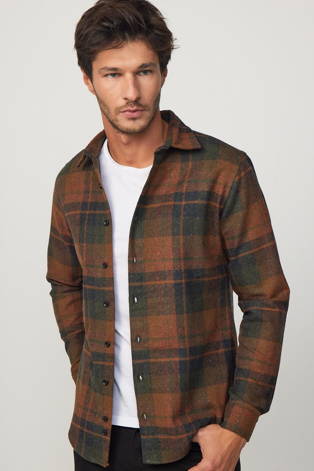 Slim Fit Dar Kesim Kareli Oduncu Erkek Gömlek