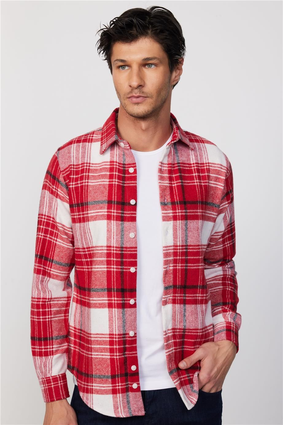 Slim Fit Dar Kesim Kareli Oduncu Erkek Gömlek
