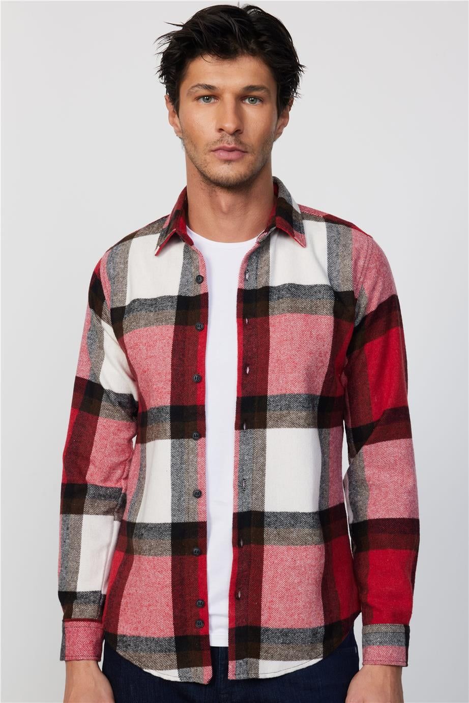 Slim Fit Dar Kesim Kareli Oduncu Erkek Gömlek