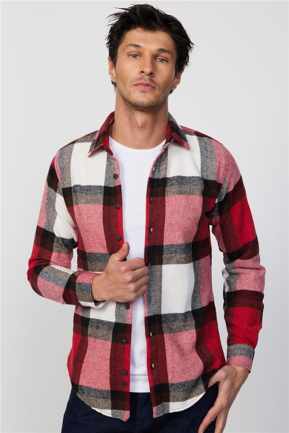 Slim Fit Dar Kesim Kareli Oduncu Erkek Gömlek