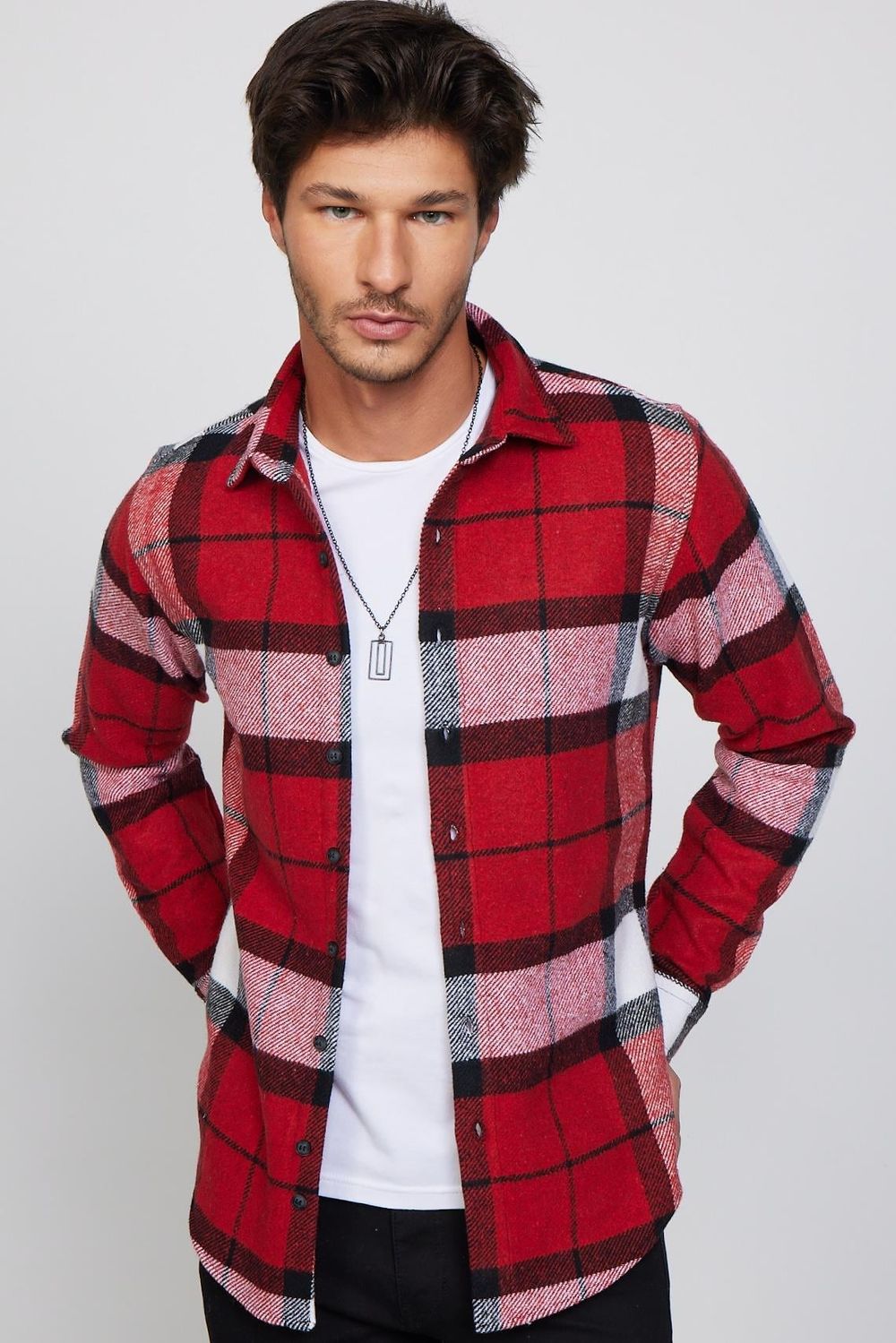 Slim Fit Dar Kesim Kareli Oduncu Erkek Gömlek