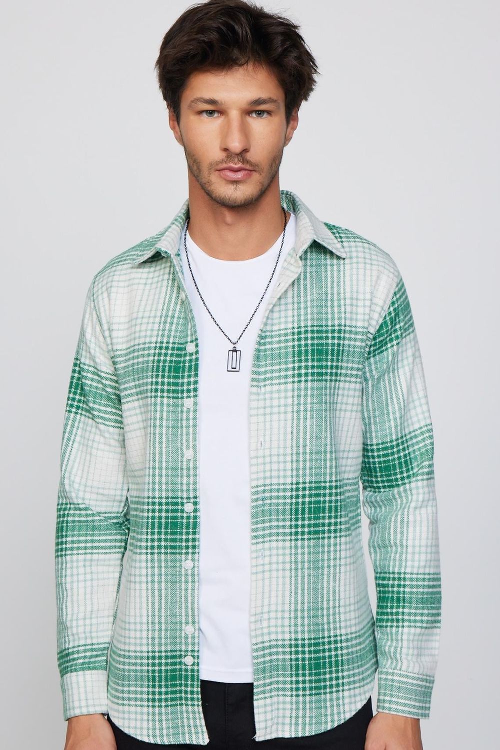 Slim Fit Dar Kesim Yeşil-Beyaz Kareli Oduncu Erkek Gömlek