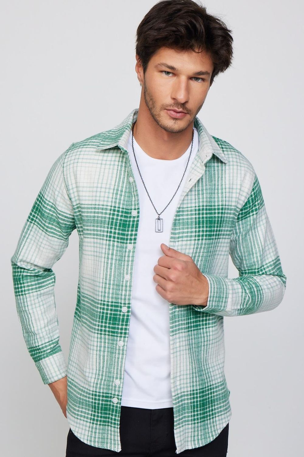 Slim Fit Dar Kesim Yeşil-Beyaz Kareli Oduncu Erkek Gömlek