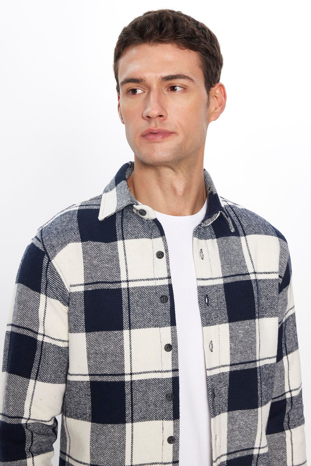 Slim Fit Uzun Kollu Dar Kesim Kareli Kışlık Oduncu Lacivert- Beyaz Erkek Gömlek