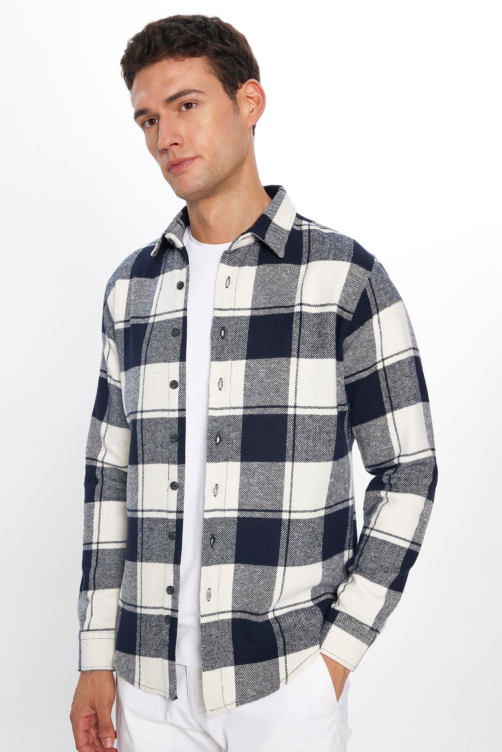 Slim Fit Uzun Kollu Dar Kesim Kareli Kışlık Oduncu Lacivert- Beyaz Erkek Gömlek