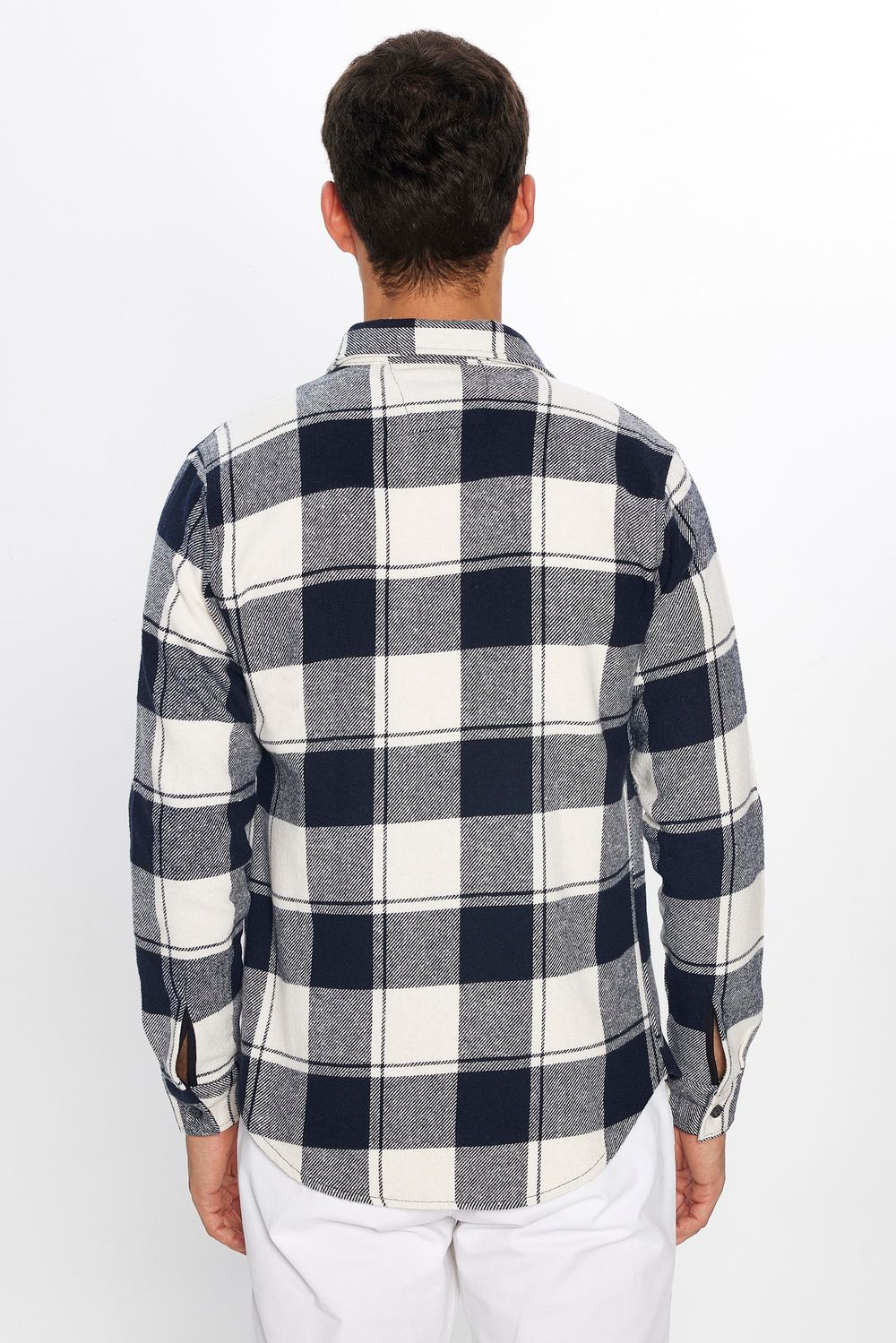 Slim Fit Uzun Kollu Dar Kesim Kareli Kışlık Oduncu Lacivert- Beyaz Erkek Gömlek