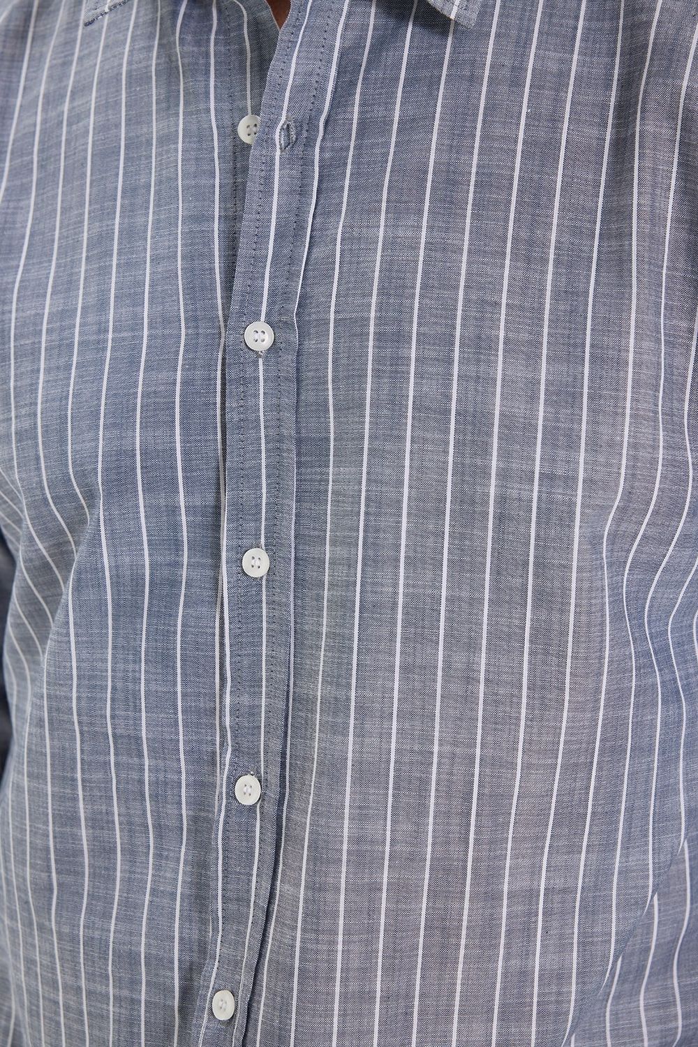 Erkek Slim Fit Dar Kesim Uzun Kollu %100 Pamuk Keten Doku Çizgili Gömlek