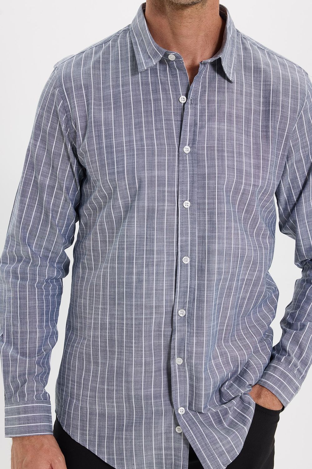 Erkek Slim Fit Dar Kesim Uzun Kollu %100 Pamuk Keten Doku Çizgili Gömlek