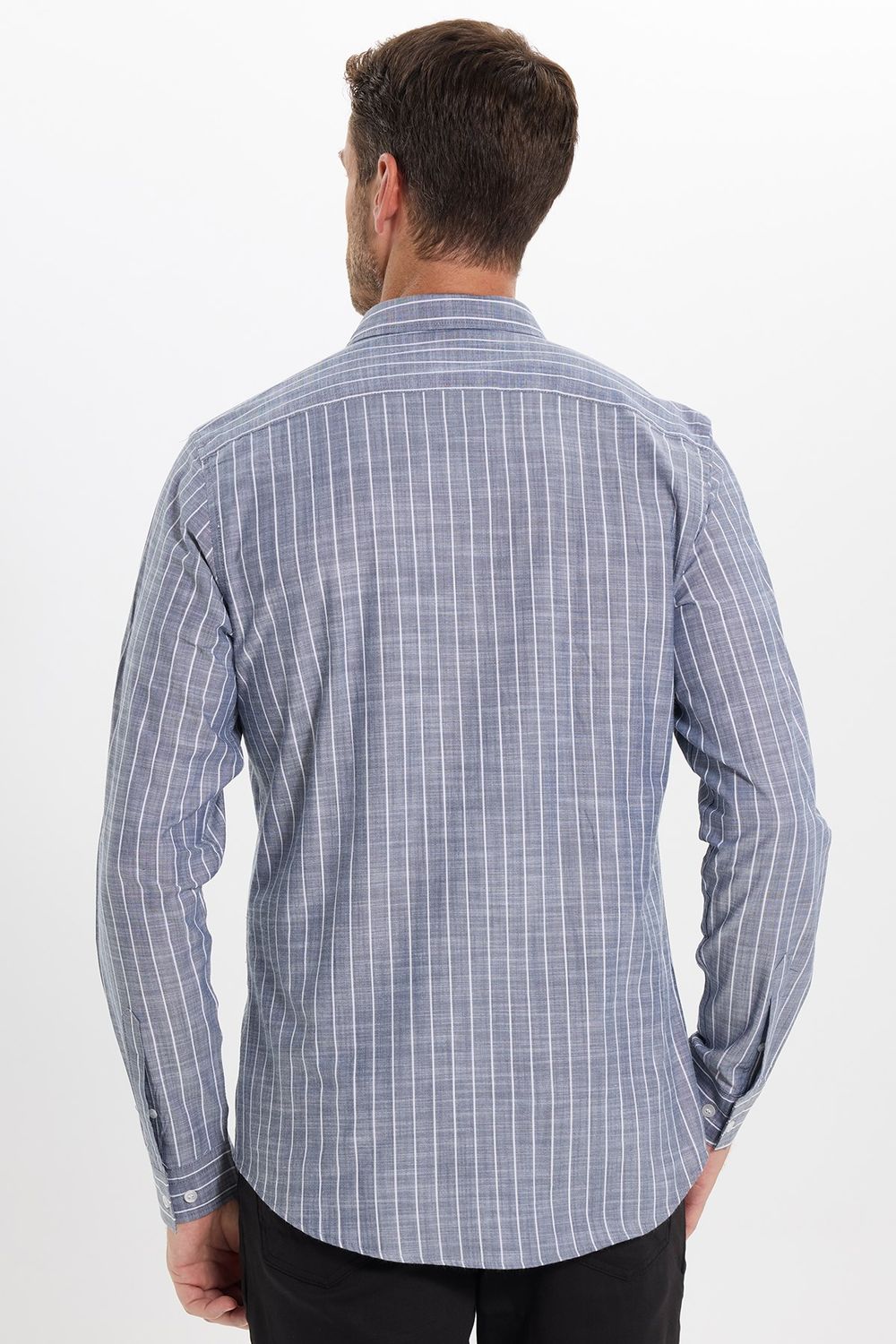 Erkek Slim Fit Dar Kesim Uzun Kollu %100 Pamuk Keten Doku Çizgili Gömlek