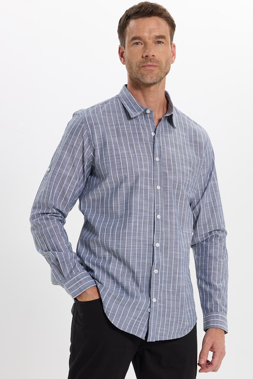 Erkek Slim Fit Dar Kesim Uzun Kollu %100 Pamuk Keten Doku Çizgili Gömlek