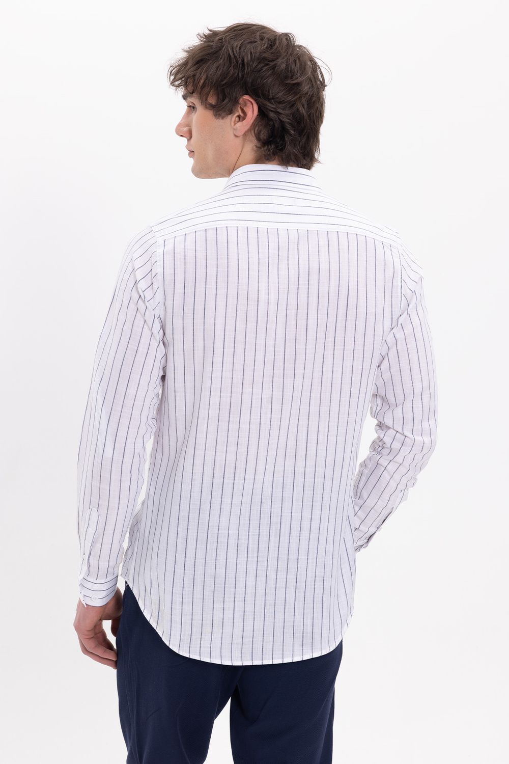 Erkek Slim Fit Dar Kesim Uzun Kollu %100 Pamuk Keten Doku Çizgili Gömlek
