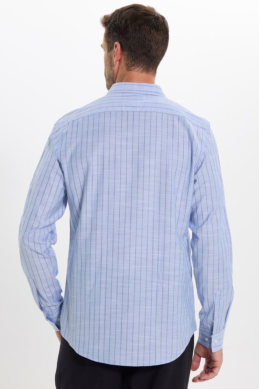 Erkek Slim Fit Dar Kesim Uzun Kollu %100 Pamuk Keten Doku Çizgili Gömlek