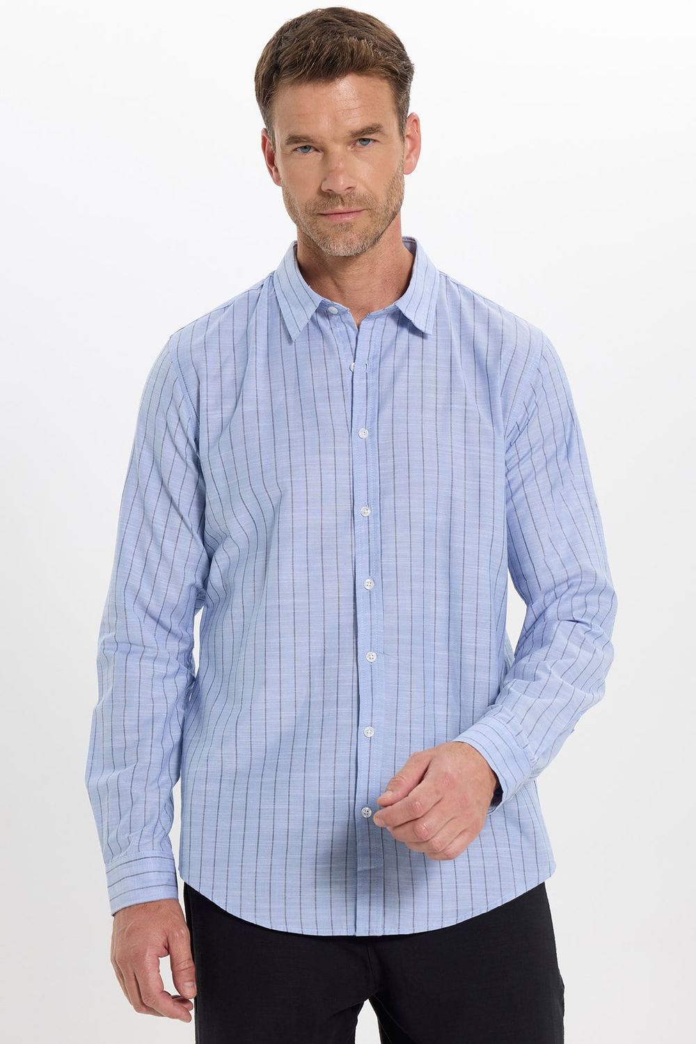 Erkek Slim Fit Dar Kesim Uzun Kollu %100 Pamuk Keten Doku Çizgili Gömlek