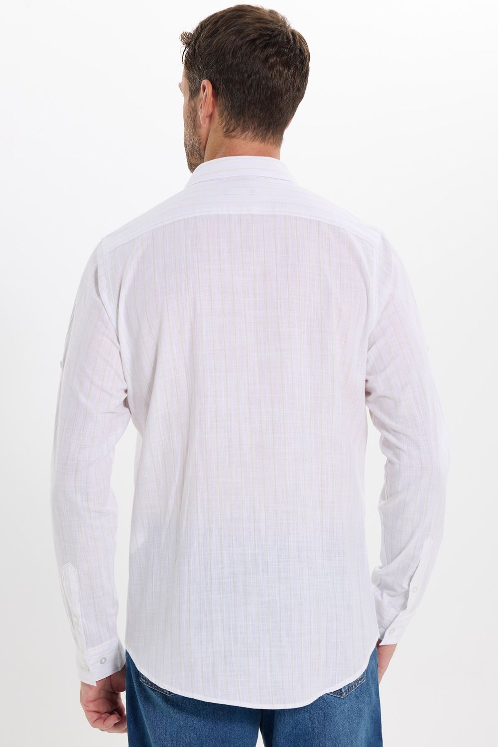 Erkek Slim Fit Dar Kesim Uzun Kollu %100 Pamuk Keten Doku Çizgili Gömlek