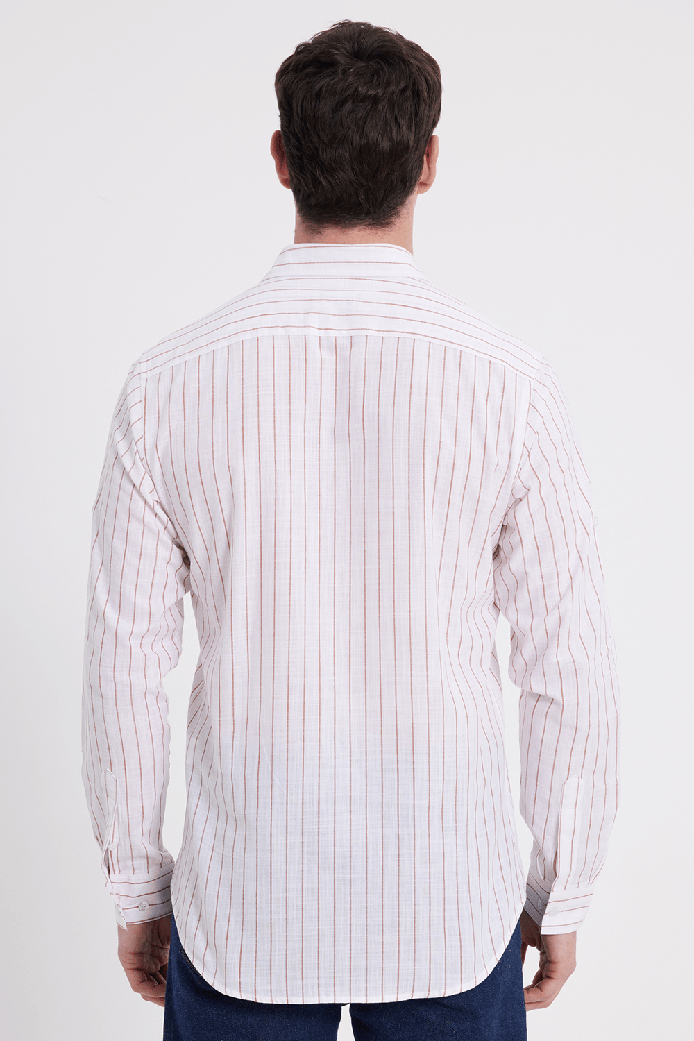 Erkek Slim Fit Dar Kesim Uzun Kollu %100 Pamuk Keten Doku Çizgili Gömlek