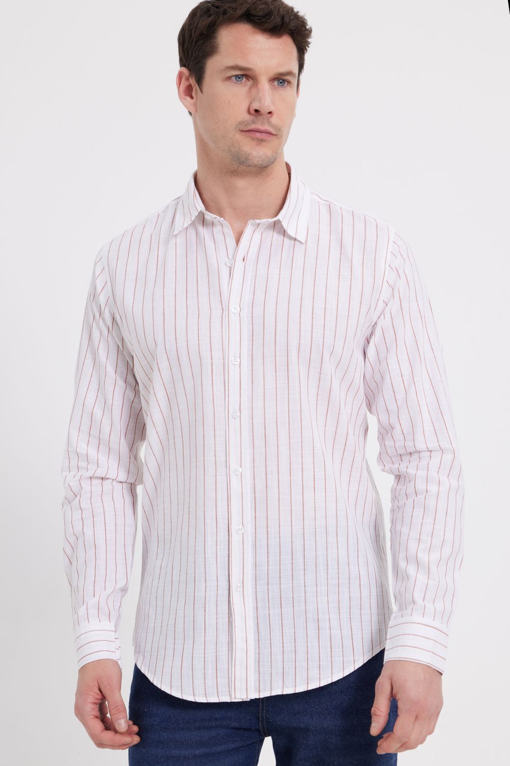 Erkek Slim Fit Dar Kesim Uzun Kollu %100 Pamuk Keten Doku Çizgili Gömlek