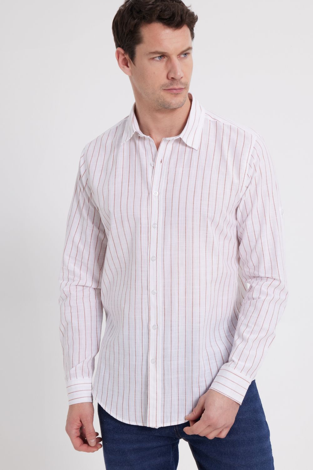 Erkek Slim Fit Dar Kesim Uzun Kollu %100 Pamuk Keten Doku Çizgili Gömlek