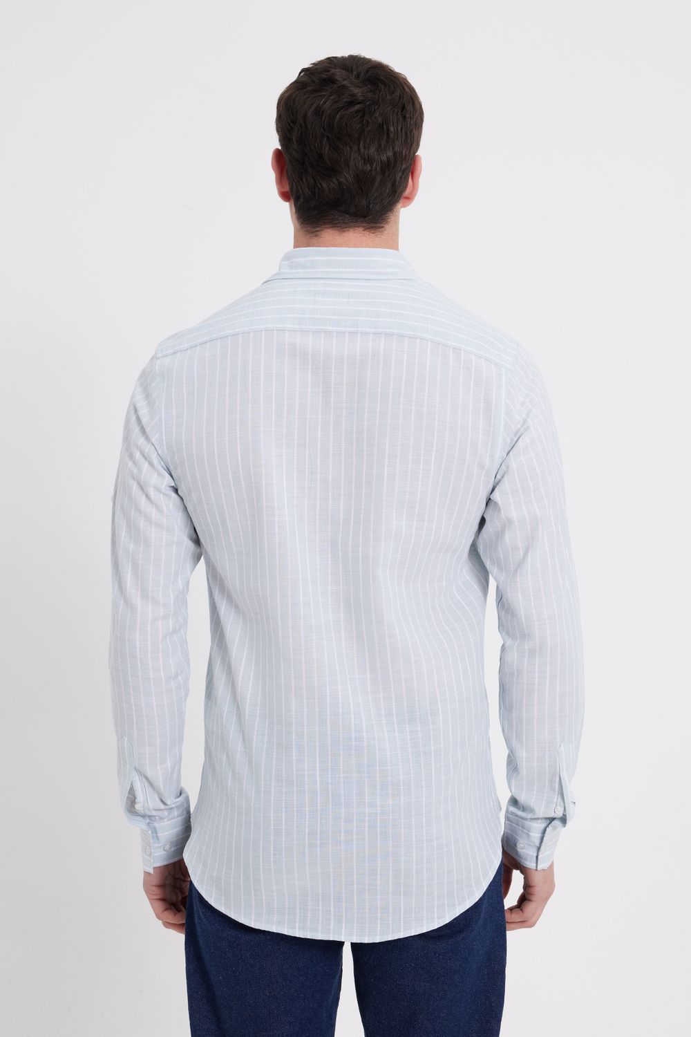 Erkek Slim Fit Dar Kesim Uzun Kollu %100 Pamuk Keten Doku Çizgili Gömlek