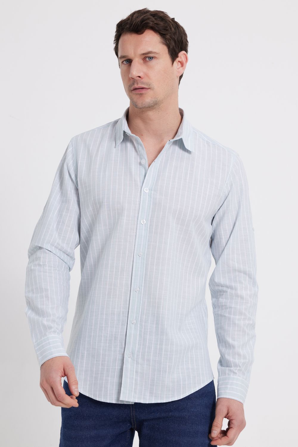 Erkek Slim Fit Dar Kesim Uzun Kollu %100 Pamuk Keten Doku Çizgili Gömlek