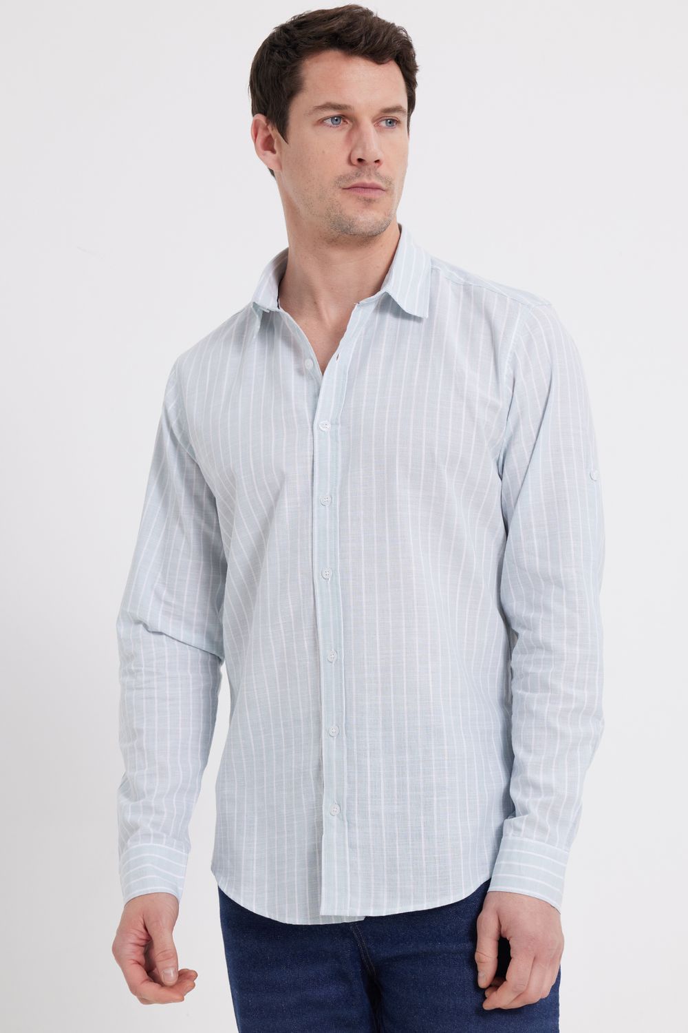 Erkek Slim Fit Dar Kesim Uzun Kollu %100 Pamuk Keten Doku Çizgili Gömlek