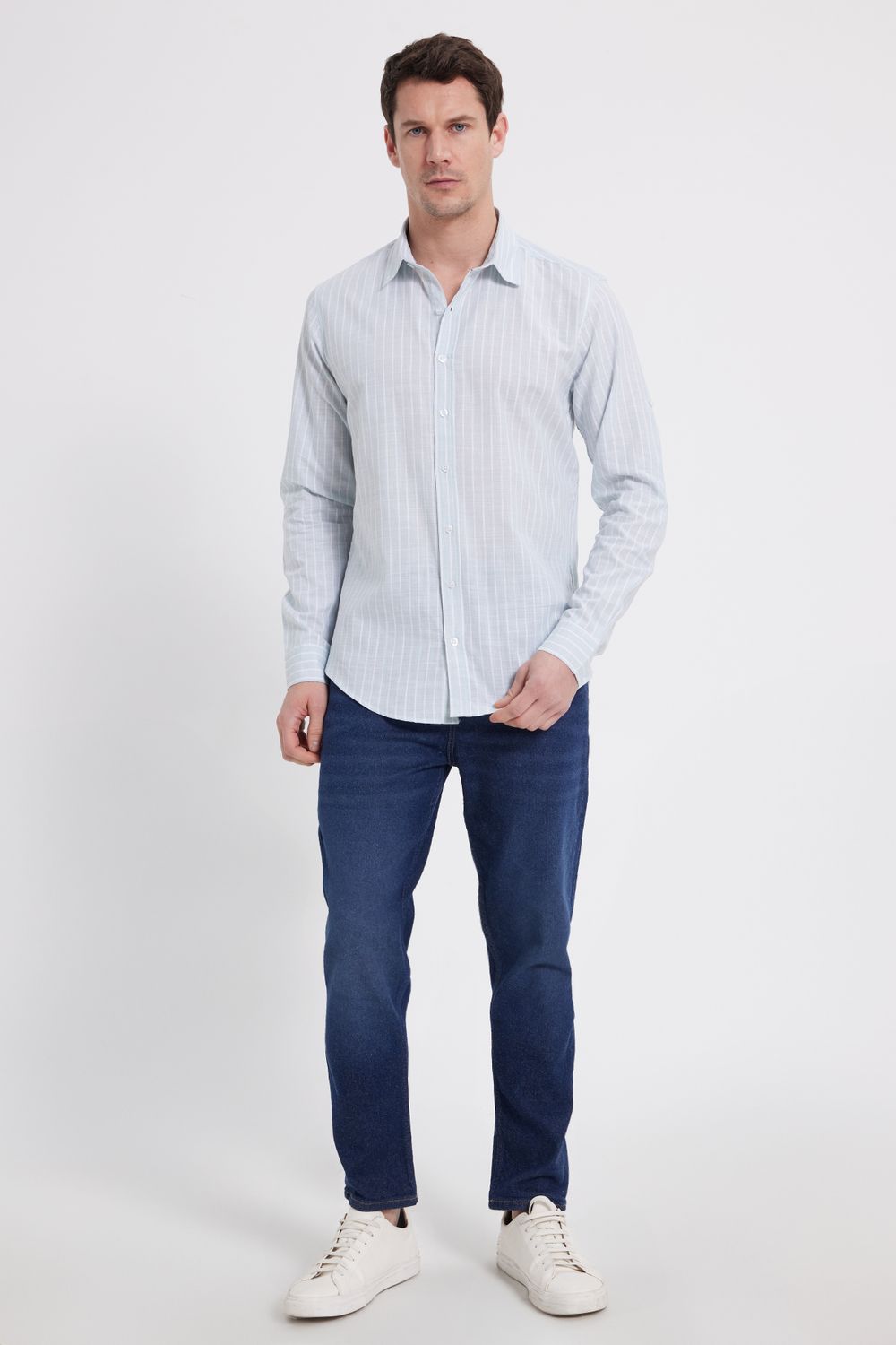 Erkek Slim Fit Dar Kesim Uzun Kollu %100 Pamuk Keten Doku Çizgili Gömlek