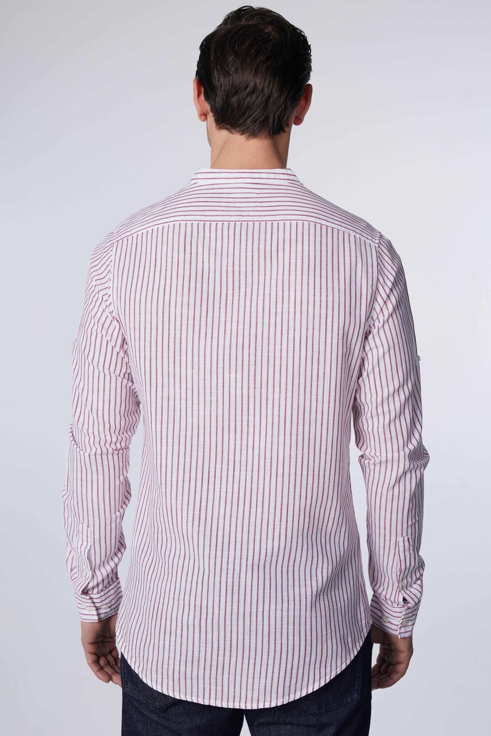 Slim Fit Dar Kalıp Hakim Yaka Çizgili Yazlık Keten Efekt Erkek Gömlek